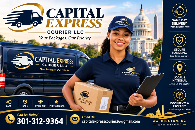 Capital Express Courier LLC. Your packages. Our priority. Same-day delivery, secure handling, local and national routes, documents and packages. Washington, DC and beyond. Call 301-312-9364 or email capitalexpresscourier26@gmail.com.